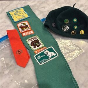 Vintage 1980’s Girl Scouts Sash and Beret Set with Patches